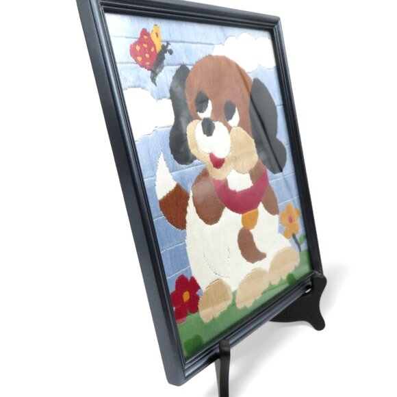 PUPPY Dog NEEDLEPOINT Framed in Black Wood Frame 10.7 x 9.5" Vintage - Picture 2 of 6